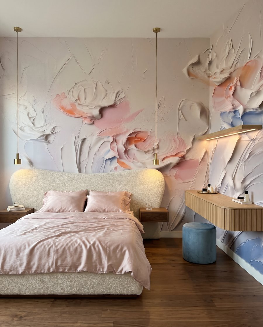 Roze bloemen, ruwe penseelstreken in een interieur