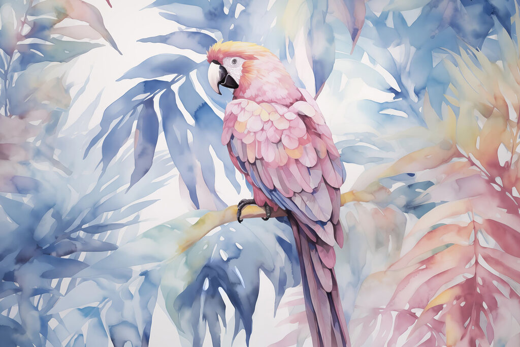 Roze papegaai tussen bladeren — volledig ontwerp