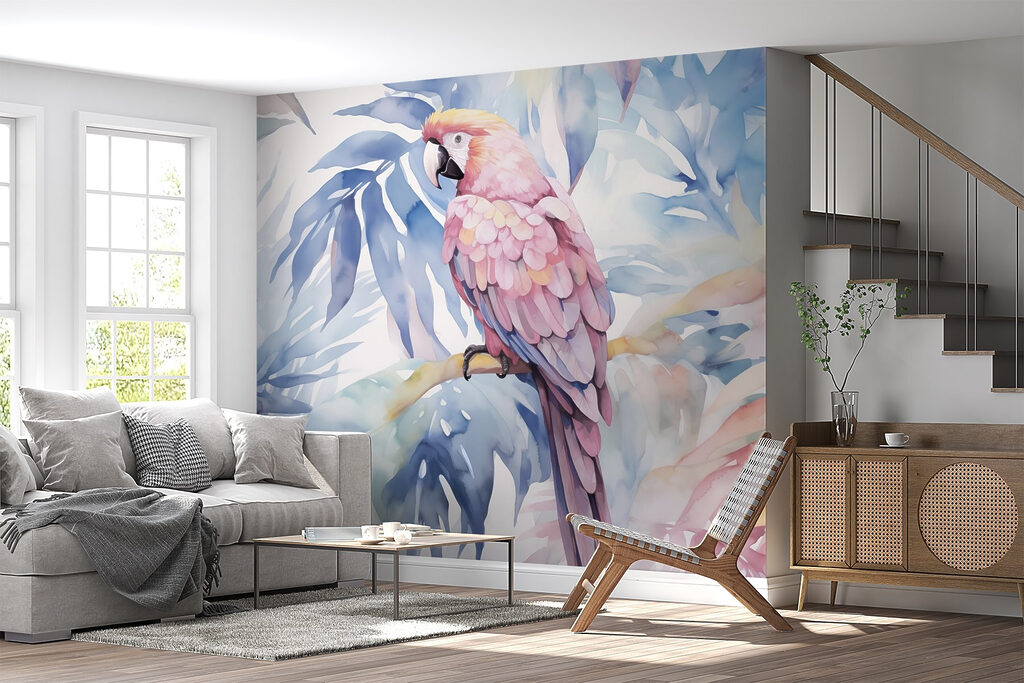 Roze papegaai tussen bladeren — interieur 1