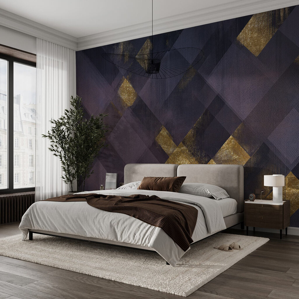 Abstracte geometrische vormen in donkere tinten in een interieur