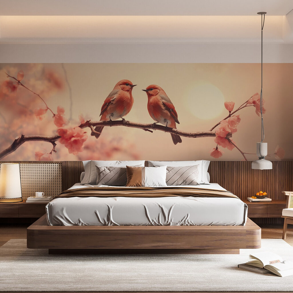Twee vogels op een tak in een interieur