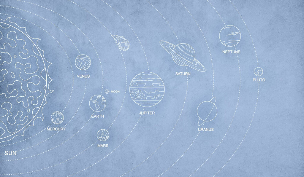 Witte planeetbanen op blauw — volledig ontwerp