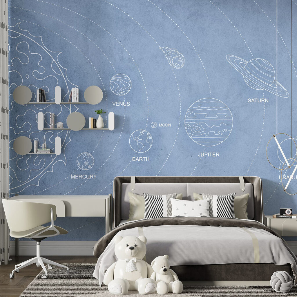 Witte planeetbanen op blauw — interieur 2