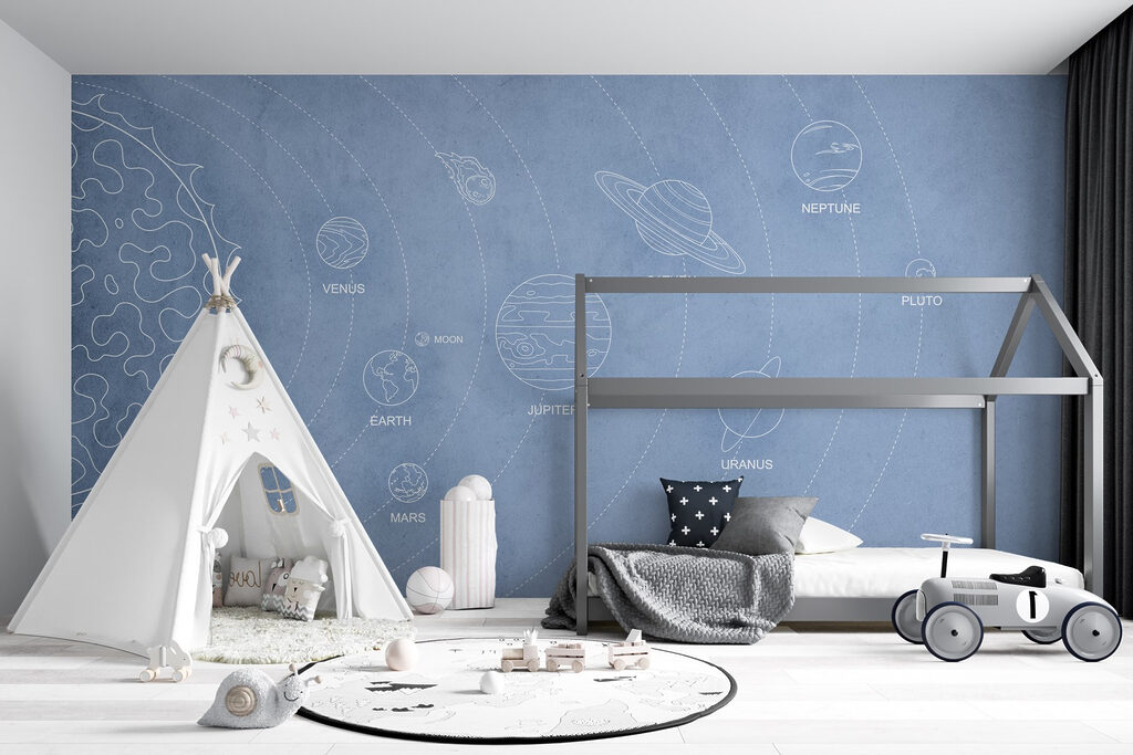 Witte planeetbanen op blauw — interieur 3