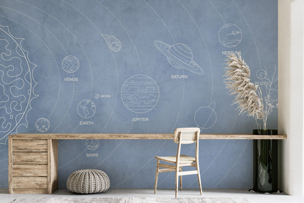 Witte planeetbanen op blauw — interieur 4