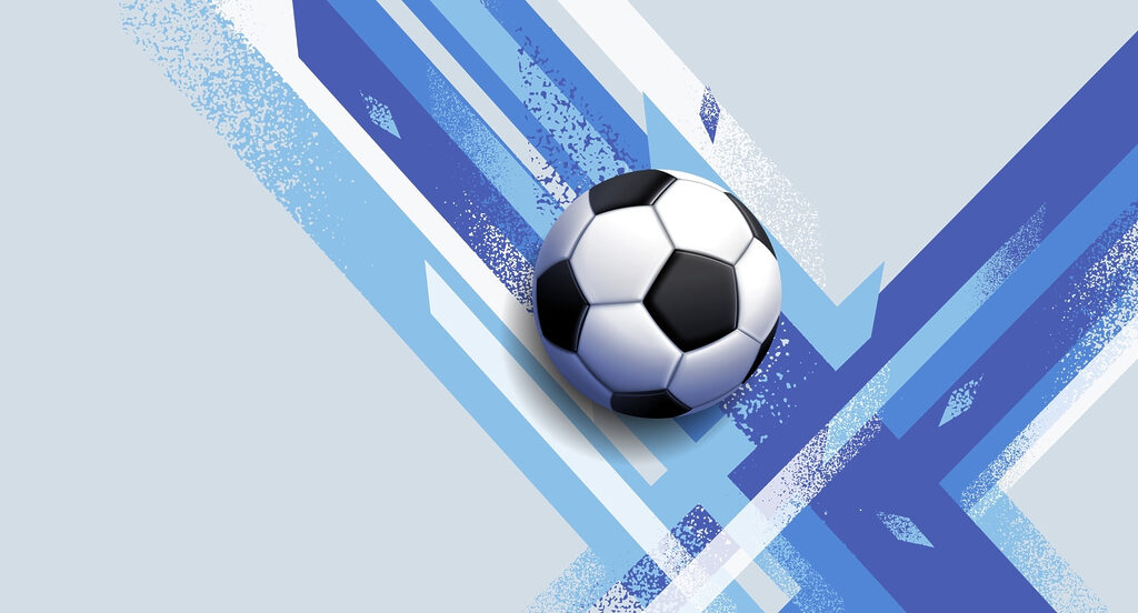 Voetbal op een blauwe en witte achtergrond — volledig ontwerp