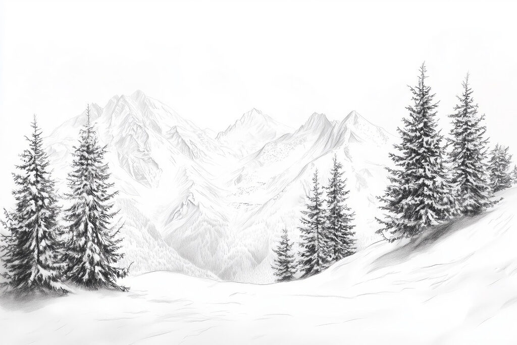Dennen langs witte bergtoppen — volledig ontwerp