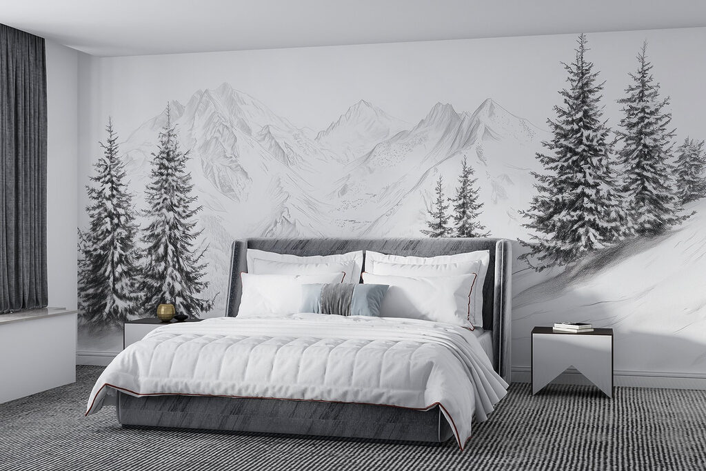 Tekening van een besneeuwde bergketen in een interieur