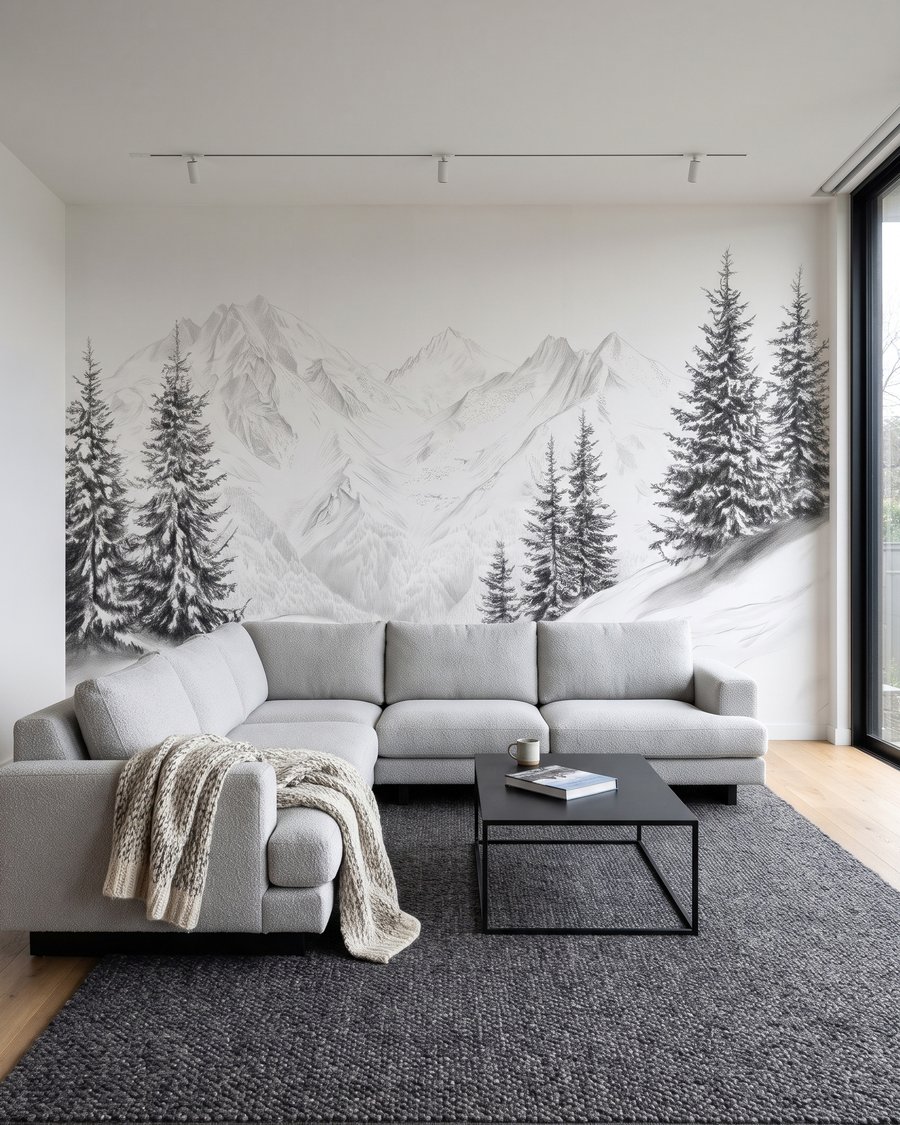 Dennen langs witte bergtoppen in een interieur