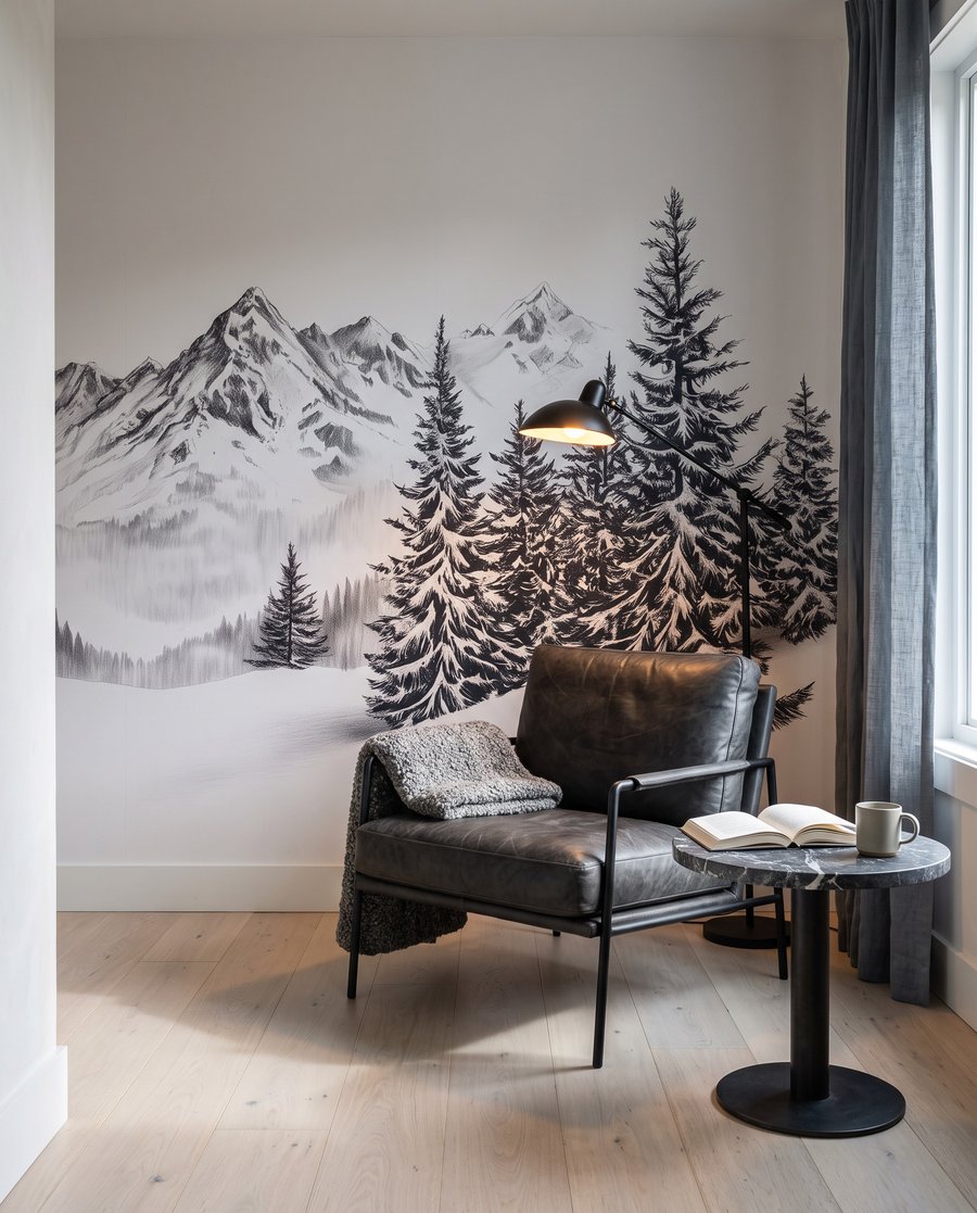Tekening van een besneeuwde bergketen in een interieur