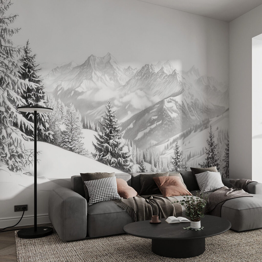 Besneeuwde berg met bomen en bergen op de achtergrond in een interieur