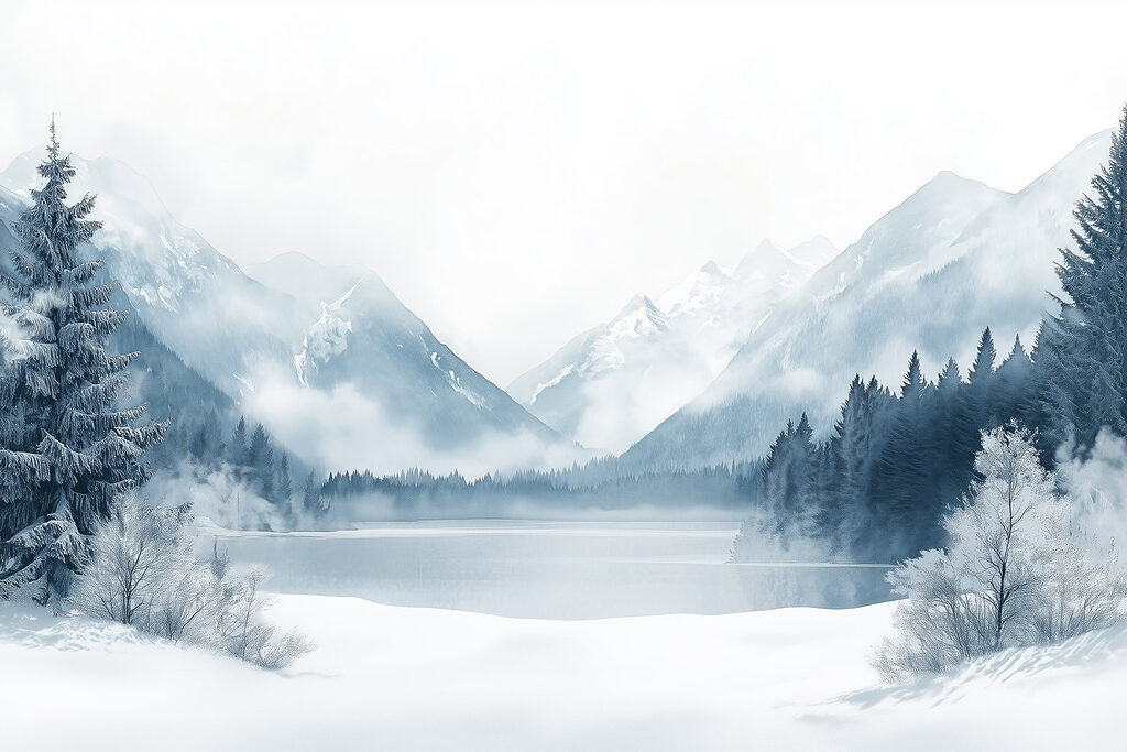 Wintermeer in koele nevel — volledig ontwerp