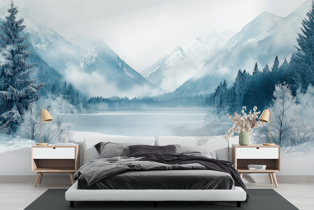 Meer omringd door sneeuw en bergen in een interieur