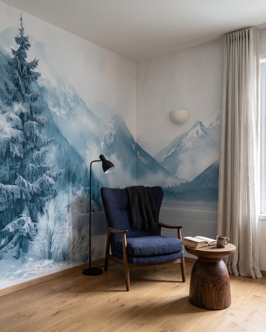 Wintermeer in koele nevel in een interieur