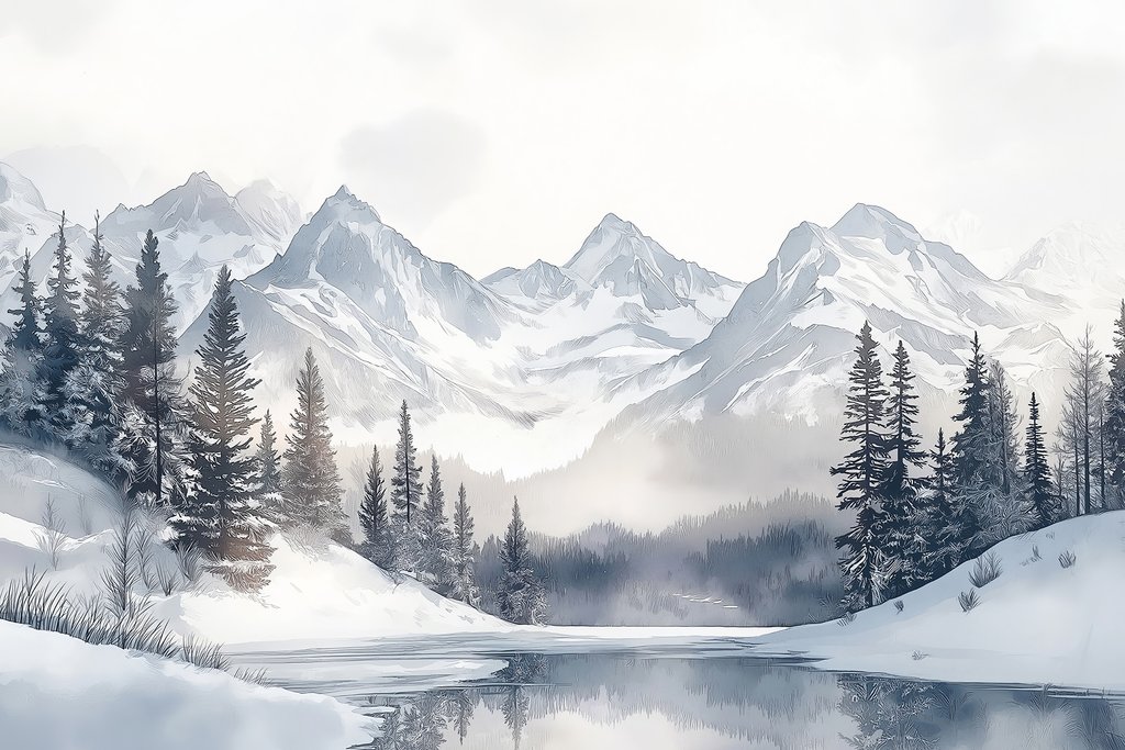 Stille baai onder sneeuwbergen — volledig ontwerp