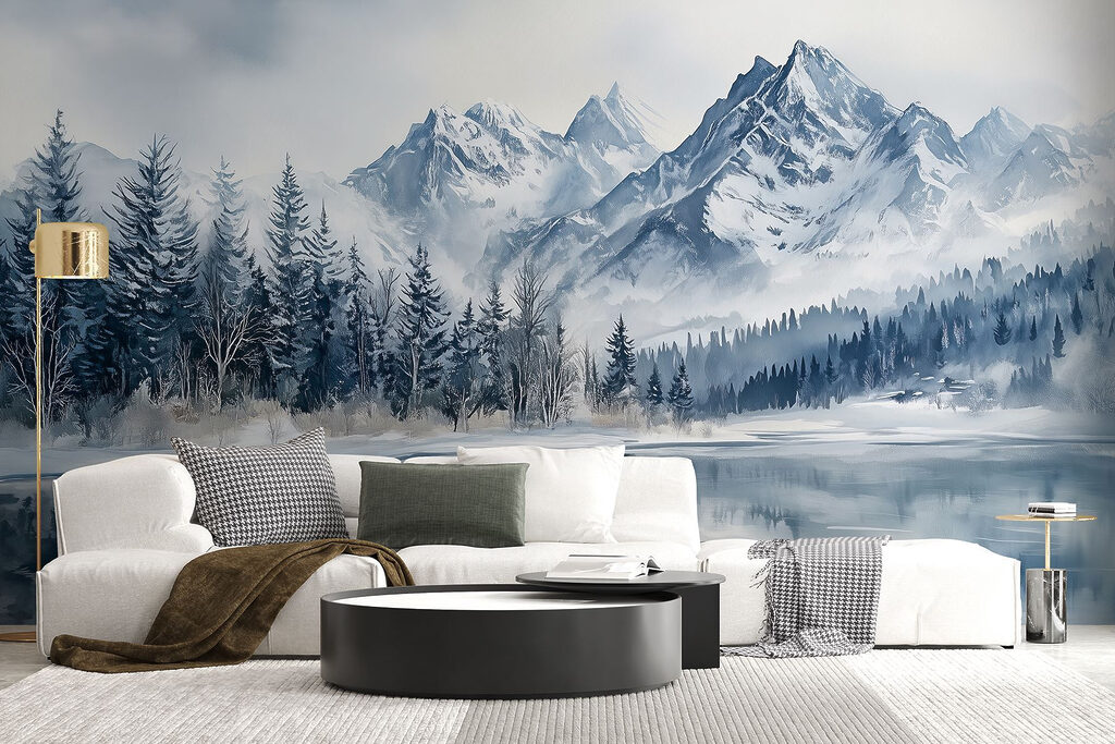 Meer met besneeuwde bergen en bomen in een interieur