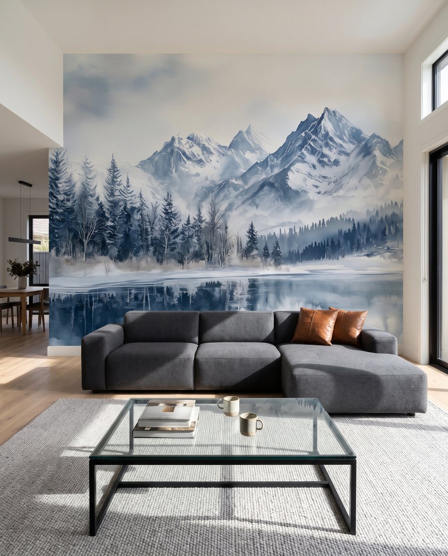 Bergbos weerspiegelt in winterwater in een interieur