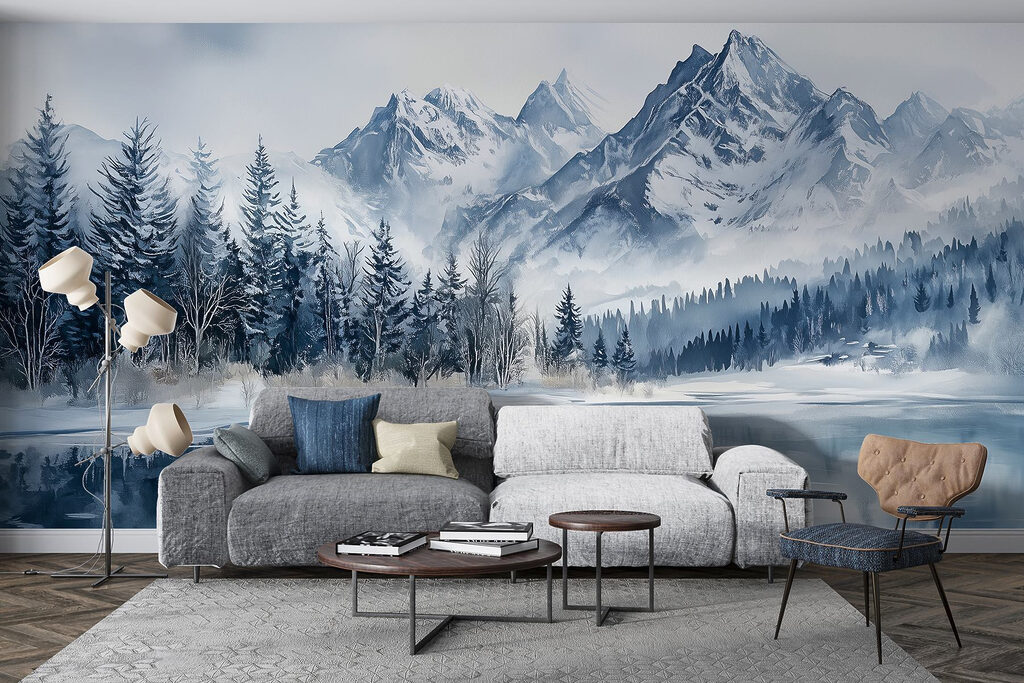Meer met besneeuwde bergen en bomen — interieur 2