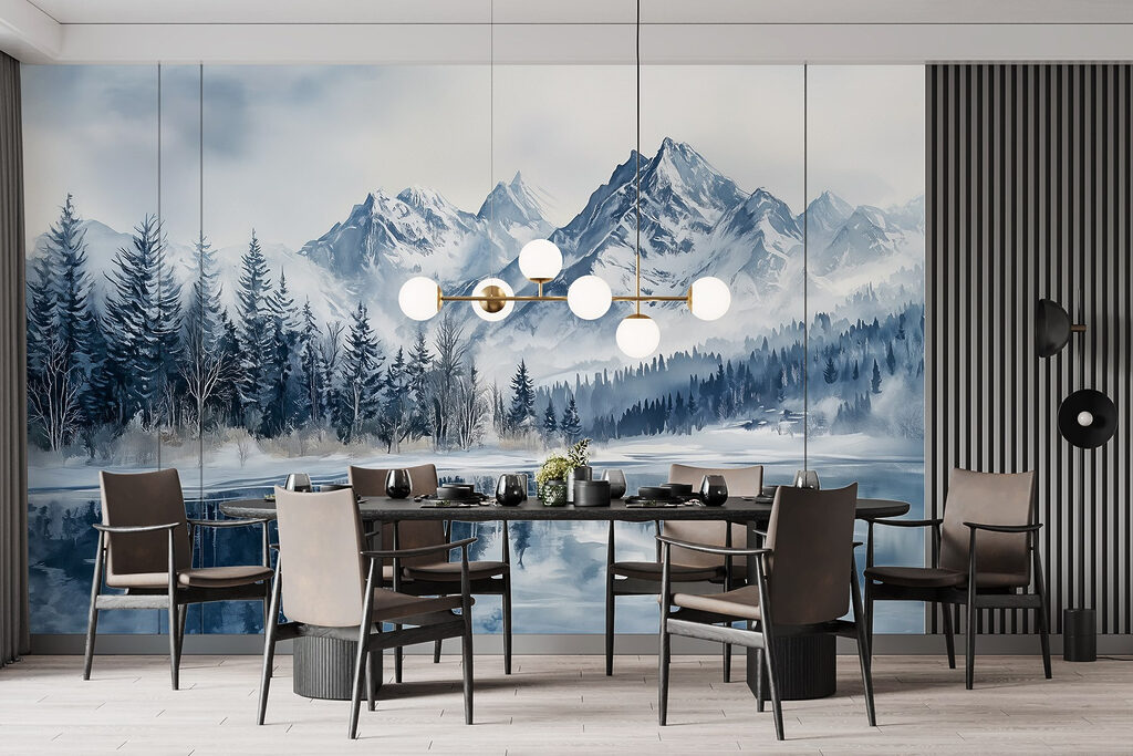 Meer met besneeuwde bergen en bomen — interieur 4