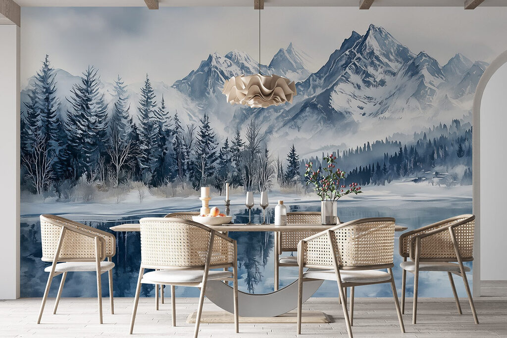 Meer met besneeuwde bergen en bomen — interieur 5