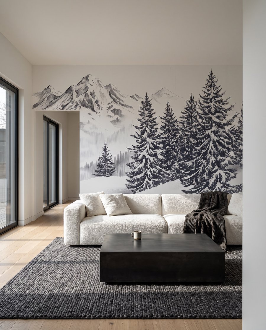 Besneeuwd berglandschap met bomen en een vogel die erover vliegt in een interieur