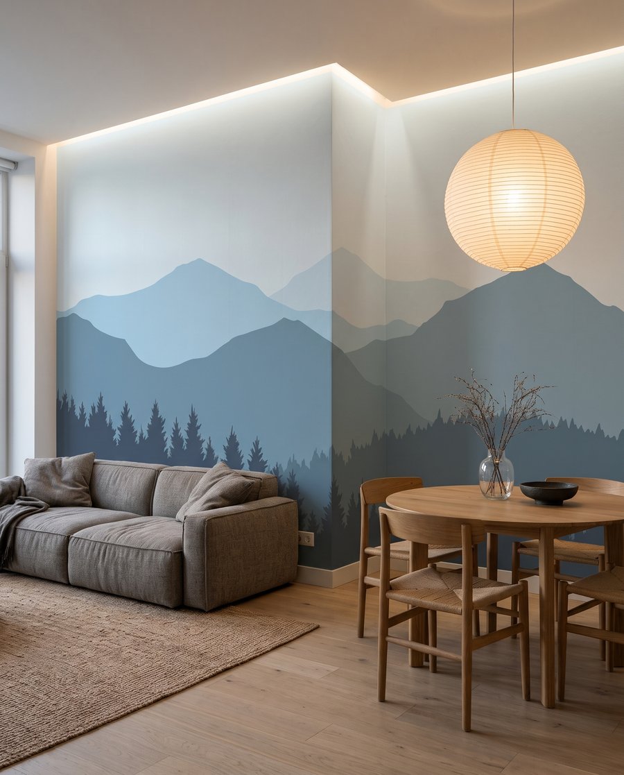 Bergsilhouetten achter een dennenrand in een interieur