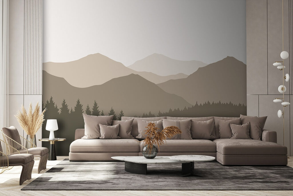 Bergsilhouetten achter een dennenrand — interieur 1