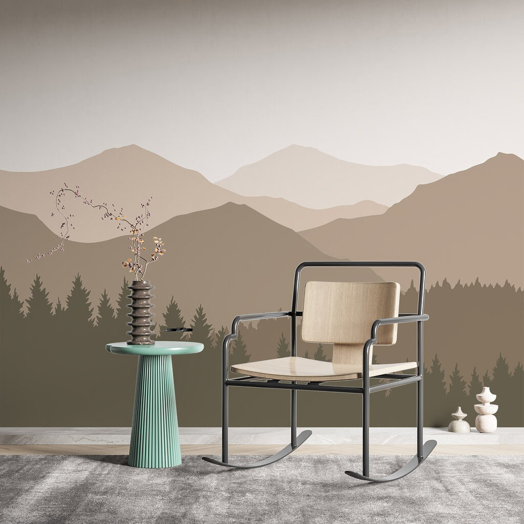 Bergsilhouetten achter een dennenrand — interieur 2