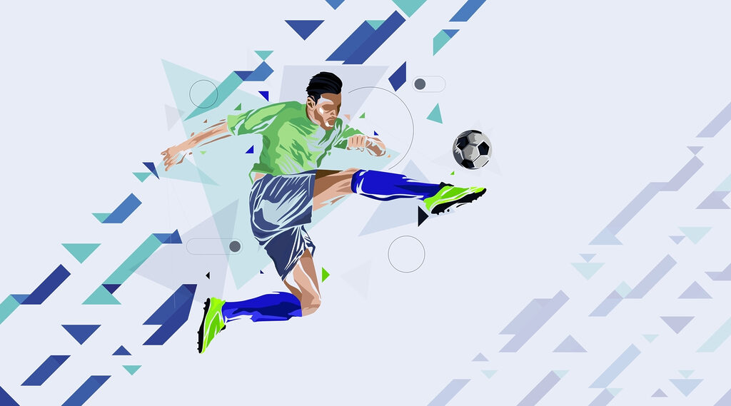 Voetballer tussen blauwe pijlen — volledig ontwerp
