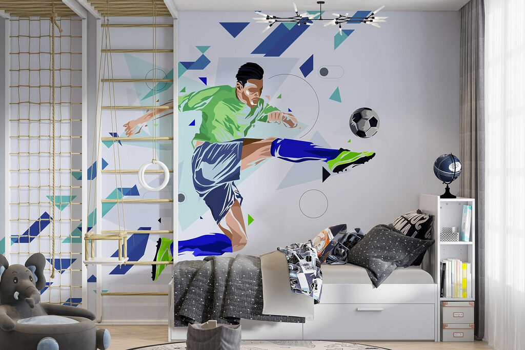 Man schopt een voetbal in een interieur