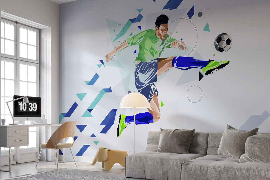Voetballer tussen blauwe pijlen — interieur 3