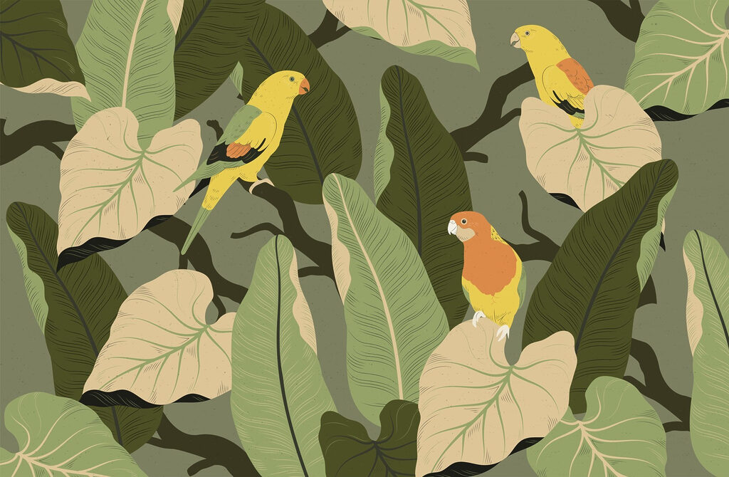Gele vogels tussen bladeren — volledig ontwerp