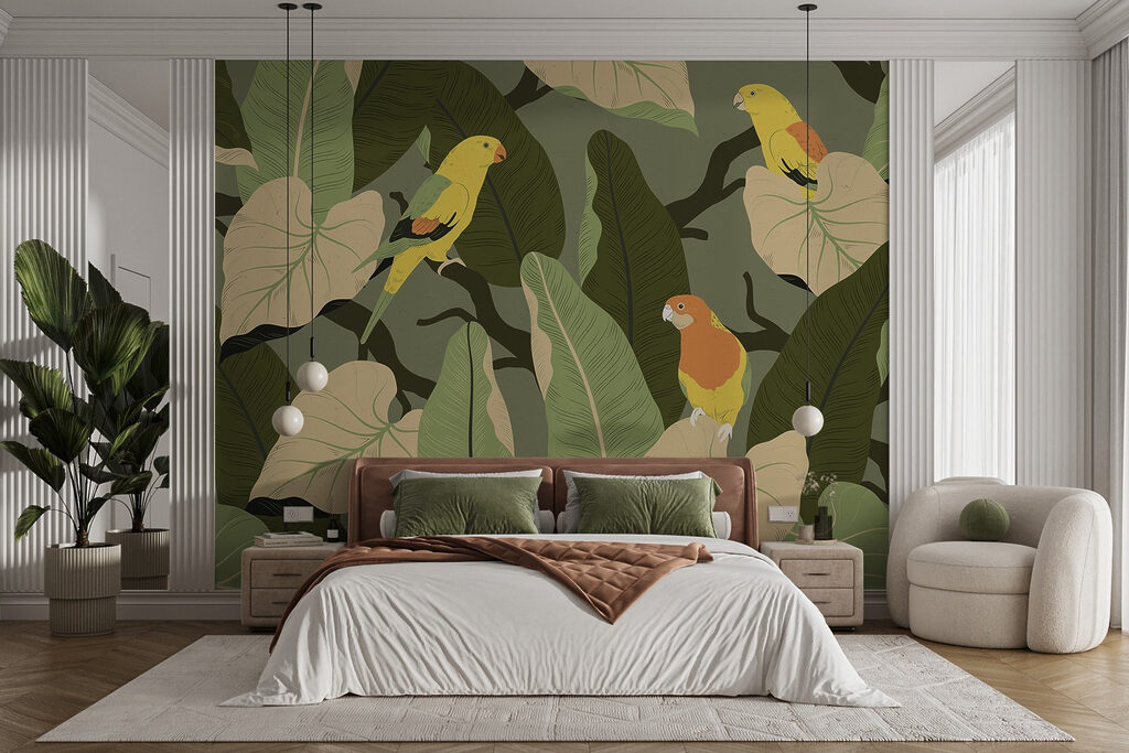 Gele vogels tussen bladeren — interieur 1