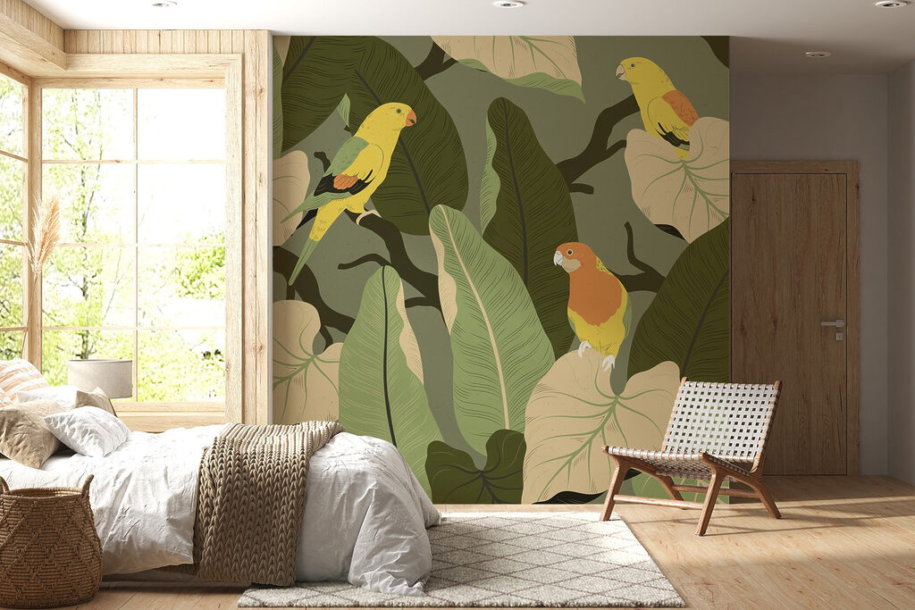 Gele vogels tussen bladeren — interieur 2