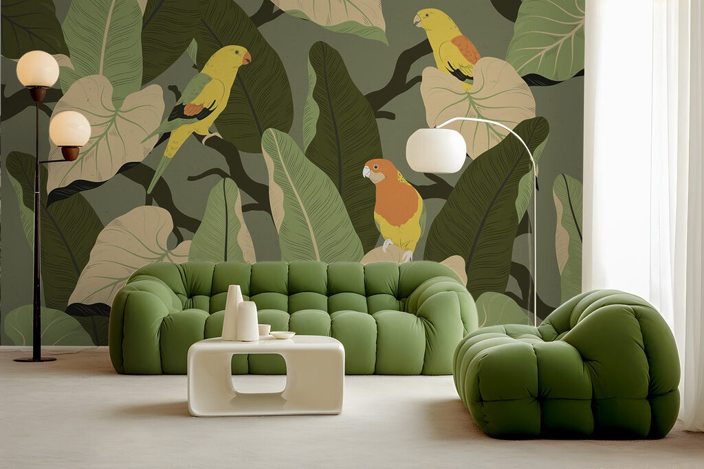 Gele vogels tussen bladeren — interieur 4