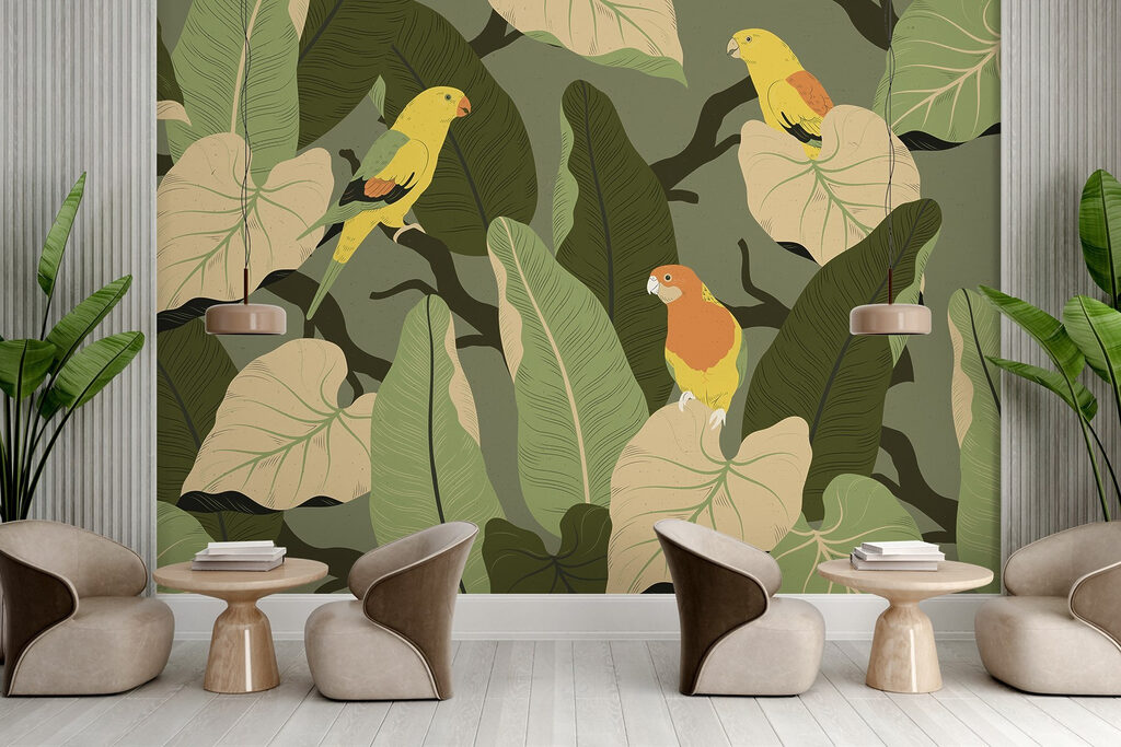 Gele vogels tussen bladeren — interieur 8