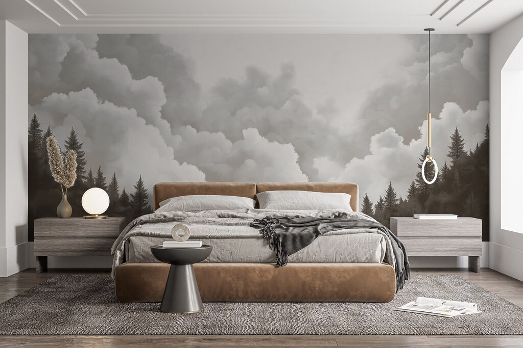 Groep bomen en wolken in een interieur