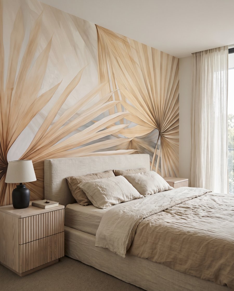 Palmwaaiers in zandkleur in een interieur