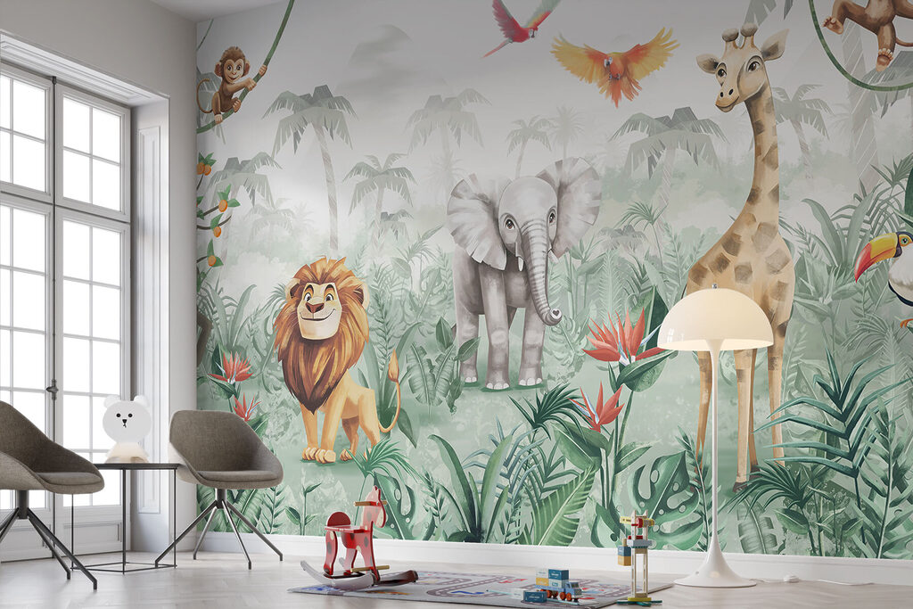 Groep dieren in een jungle in een interieur