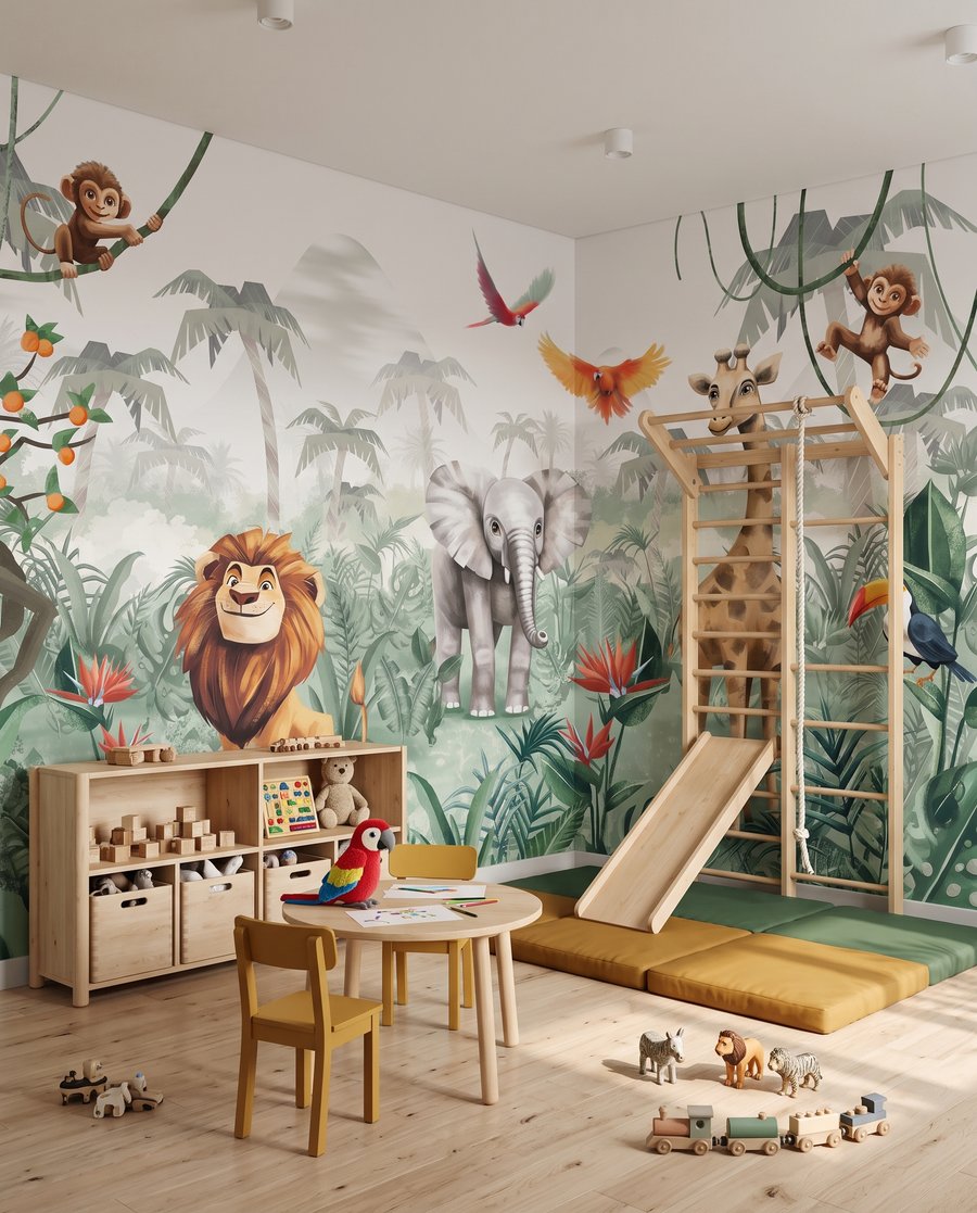 Junglefeest tussen groene slingers in een interieur