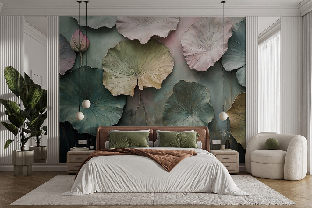 Rustgevende lotusbladeren in zachte tinten — interieur 1