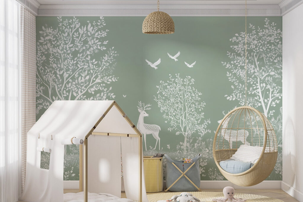 Witte dieren tussen bomen — interieur 1