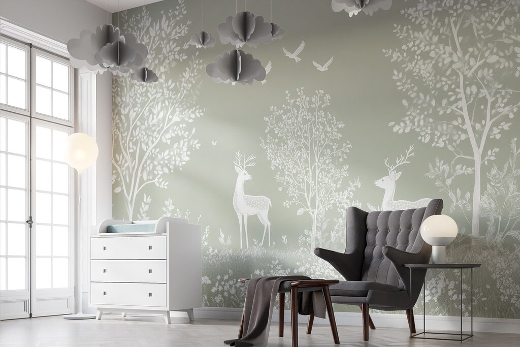 Witte herten tussen boomsilhouetten — interieur 4