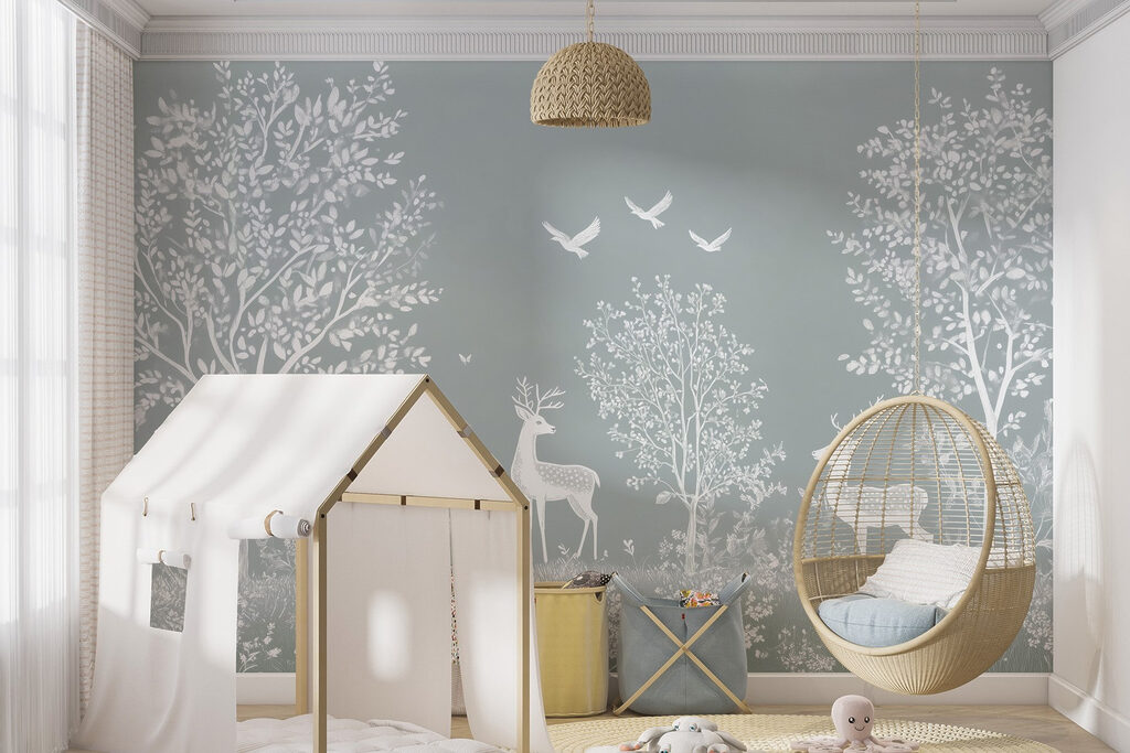 Witte herten en vogels in een bos in een interieur