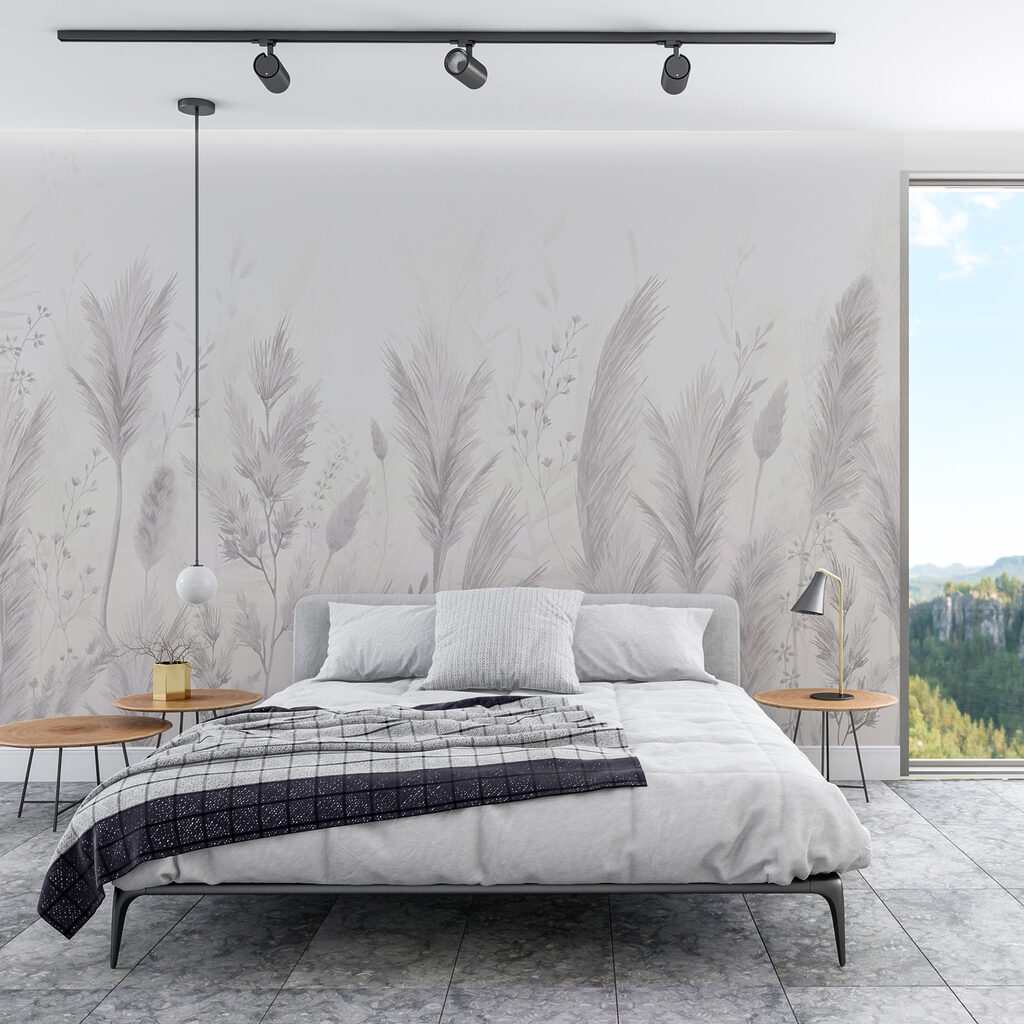 Witte achtergrond met gras en bloemen — interieur 1