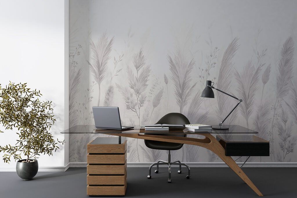 Witte achtergrond met gras en bloemen — interieur 2