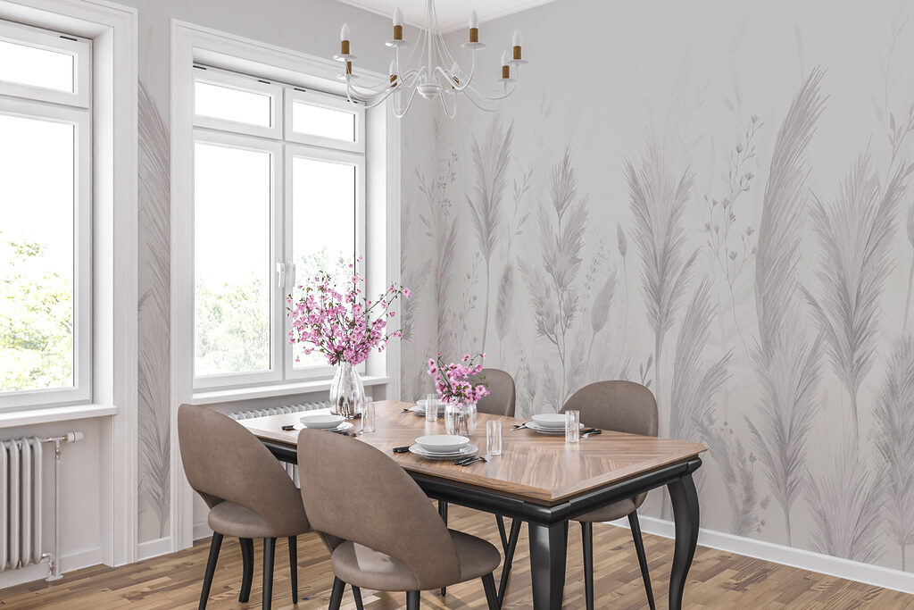 Witte achtergrond met gras en bloemen — interieur 3