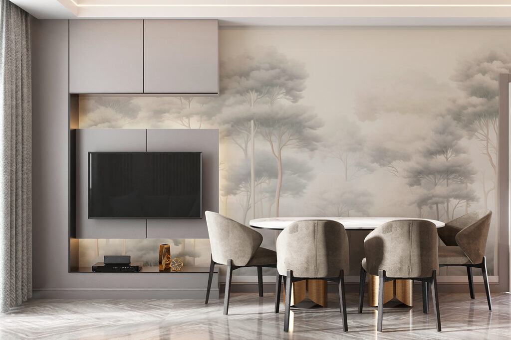 Slanke boomkronen in nevel — interieur 2