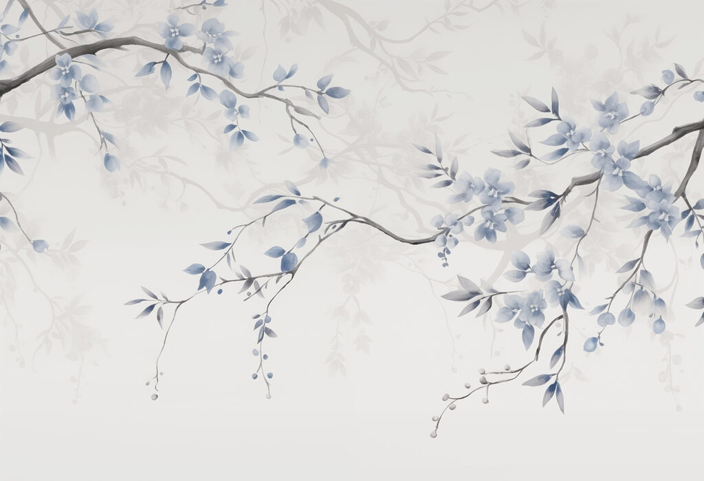 Blauwe bloemen aan twijgen — volledig ontwerp