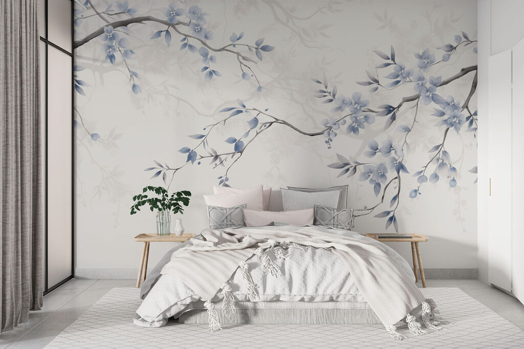 Blauwe bloemen aan twijgen — interieur 3